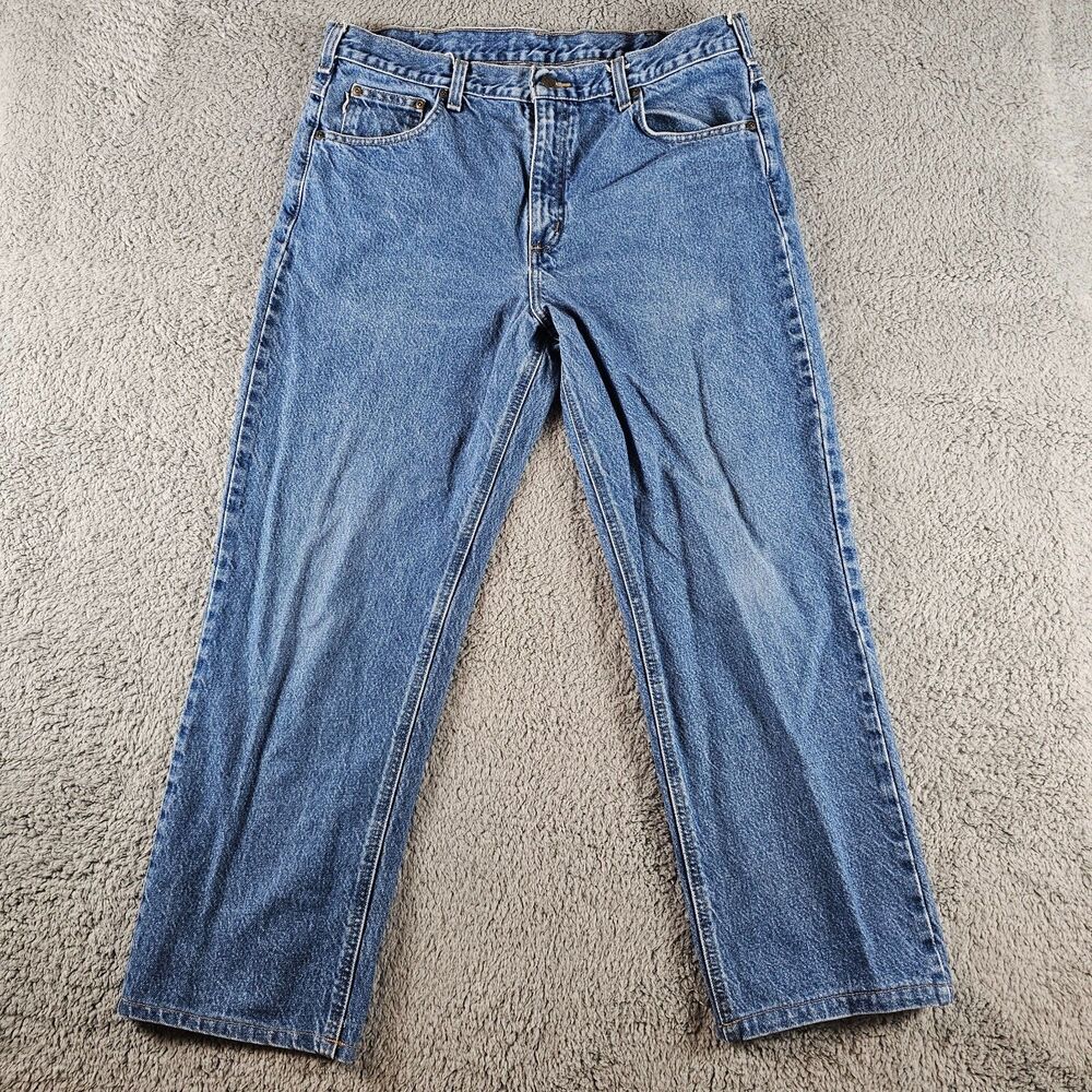 Carhartt Jeans Mens 36x27* Blue Traditional Fit B180 DST Distressed Workwear
